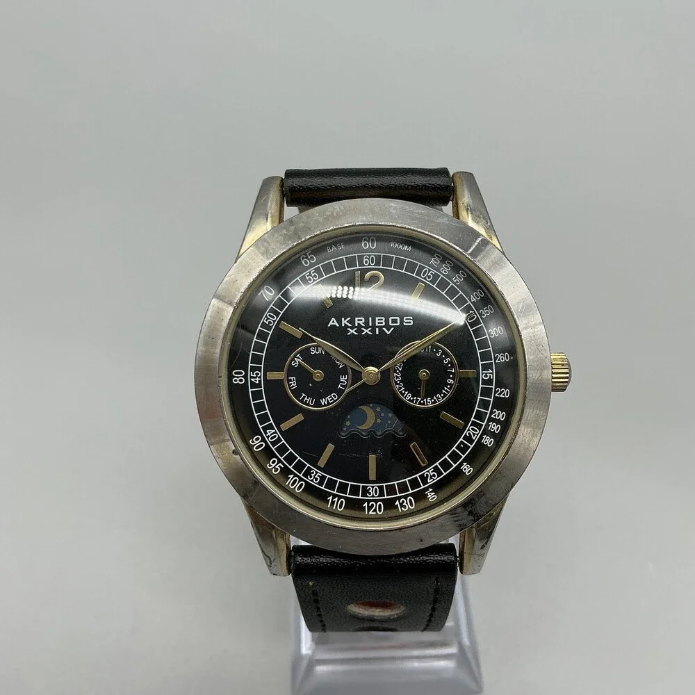 Akribos XXIV AK666XYGB Mens Watch 43mm Moon Phase Leather New Battery